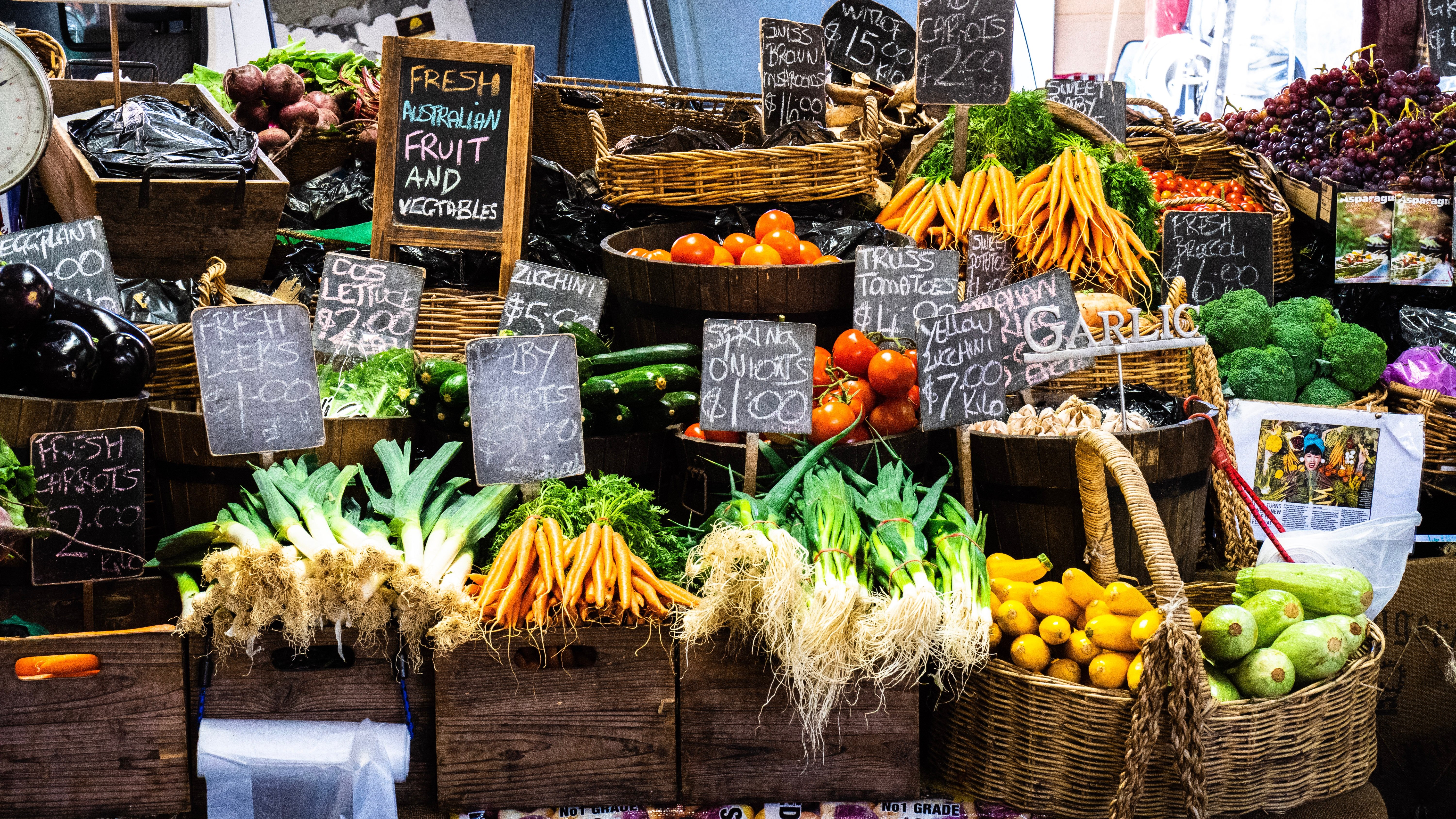 Display of fruits and vegetables at a Farmers Market